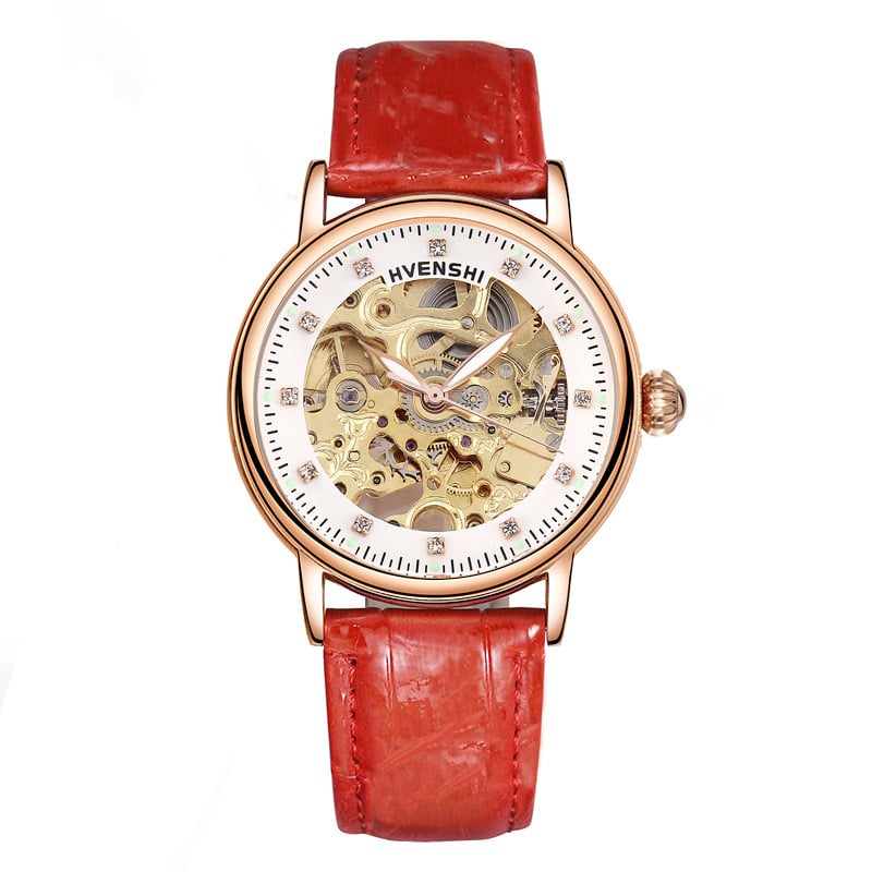 Sieviešu divpusējs skeleta pulkstenis ar automātisko kustību, nerūsējoša tērauda siksna, caurspīdīgs aizmugurējais vāciņš, ūdensizturība 50 m