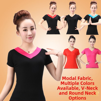 Kvadranttantsų marškinėliai iš modalinio audinio, V kaklo, trumpomis rankovėmis, 100% modal, moterims, vasaros scenos drabužiai