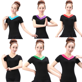 Kvadranttantsų marškinėliai iš modalinio audinio, V kaklo, trumpomis rankovėmis, 100% modal, moterims, vasaros scenos drabužiai