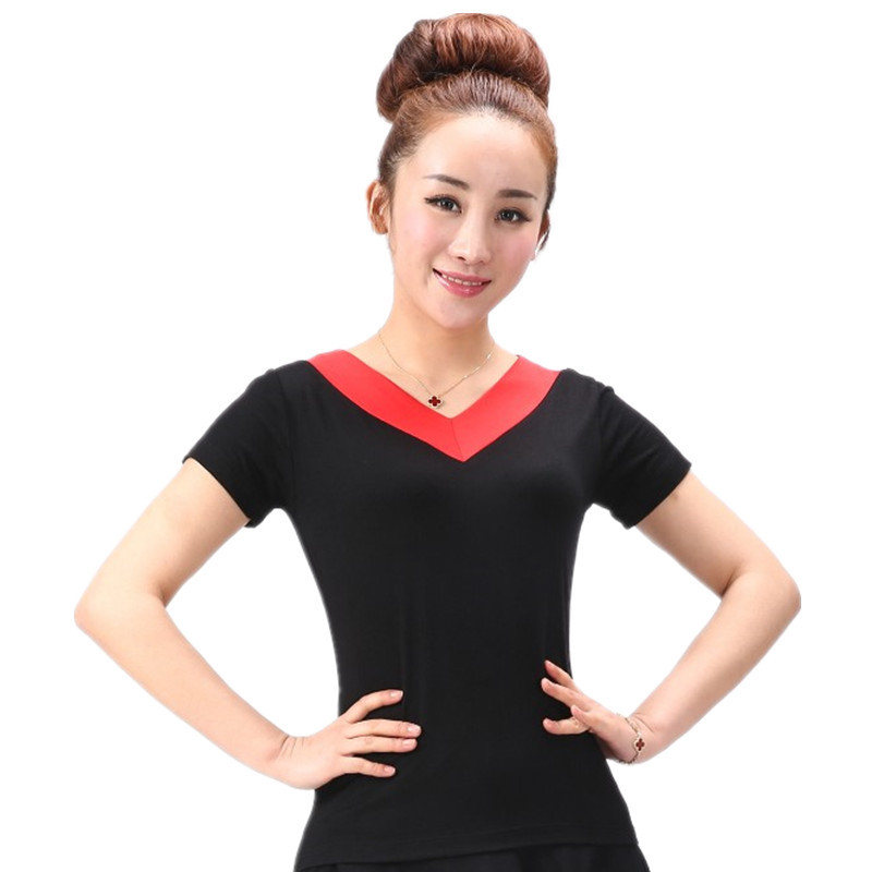 Kvadranttantsų marškinėliai iš modalinio audinio, V kaklo, trumpomis rankovėmis, 100% modal, moterims, vasaros scenos drabužiai