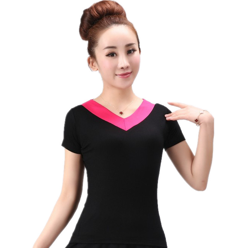 Kvadranttantsų marškinėliai iš modalinio audinio, V kaklo, trumpomis rankovėmis, 100% modal, moterims, vasaros scenos drabužiai