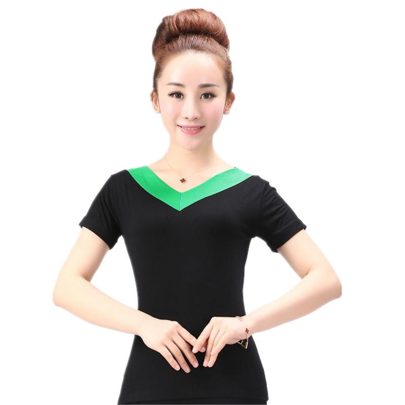 Kvadranttantsų marškinėliai iš modalinio audinio, V kaklo, trumpomis rankovėmis, 100% modal, moterims, vasaros scenos drabužiai