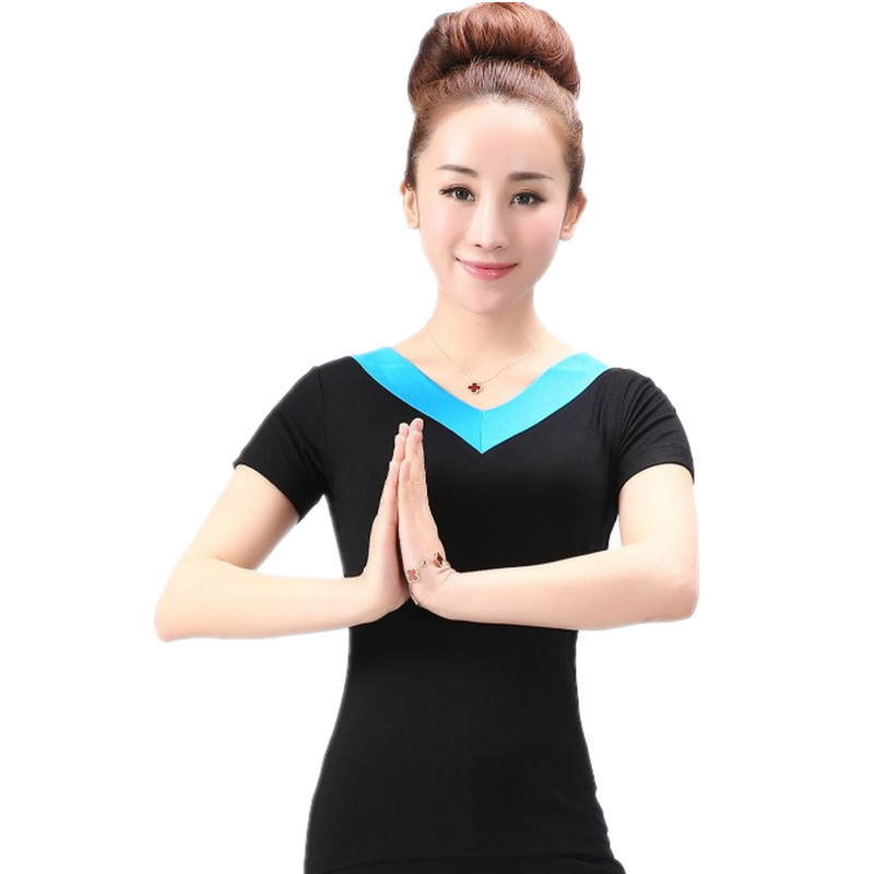 Kvadranttantsų marškinėliai iš modalinio audinio, V kaklo, trumpomis rankovėmis, 100% modal, moterims, vasaros scenos drabužiai