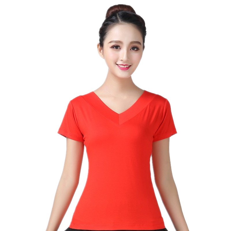 Kvadranttantsų marškinėliai iš modalinio audinio, V kaklo, trumpomis rankovėmis, 100% modal, moterims, vasaros scenos drabužiai