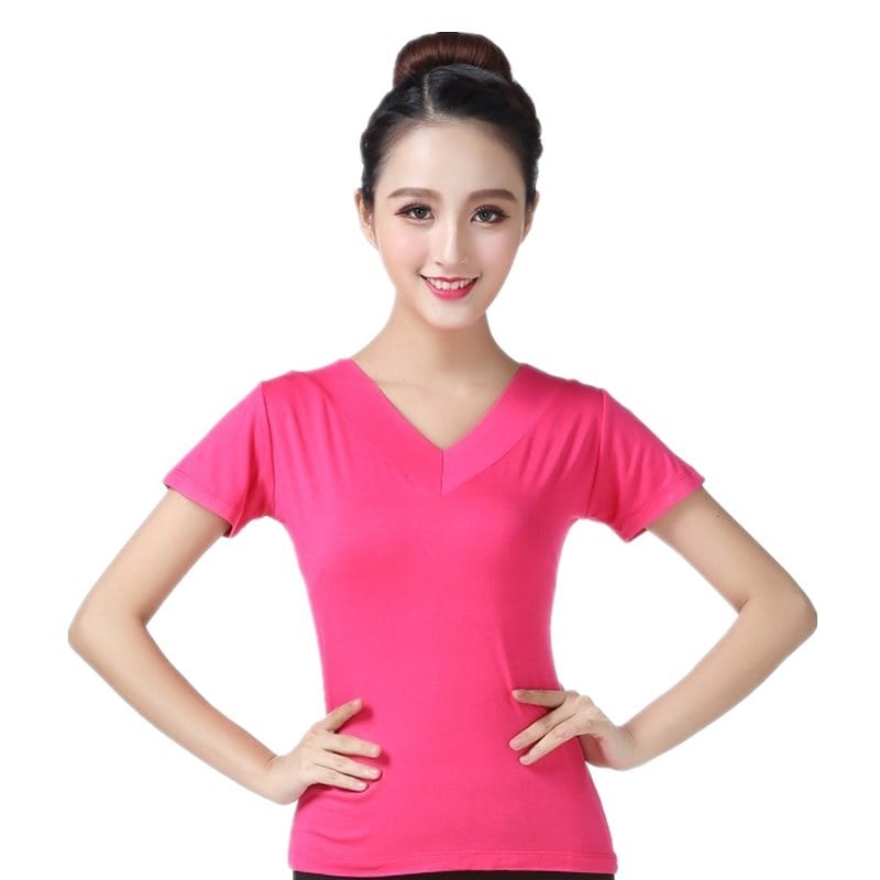 Kvadranttantsų marškinėliai iš modalinio audinio, V kaklo, trumpomis rankovėmis, 100% modal, moterims, vasaros scenos drabužiai