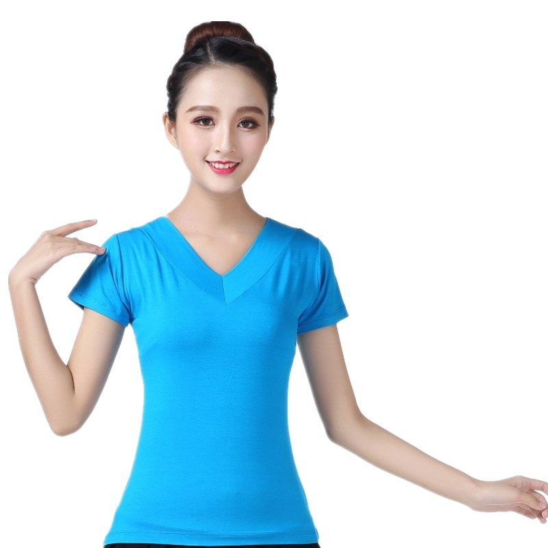 Kvadranttantsų marškinėliai iš modalinio audinio, V kaklo, trumpomis rankovėmis, 100% modal, moterims, vasaros scenos drabužiai