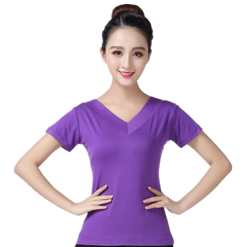 Kvadranttantsų marškinėliai iš modalinio audinio, V kaklo, trumpomis rankovėmis, 100% modal, moterims, vasaros scenos drabužiai