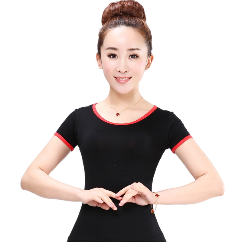 Kvadranttantsų marškinėliai iš modalinio audinio, V kaklo, trumpomis rankovėmis, 100% modal, moterims, vasaros scenos drabužiai