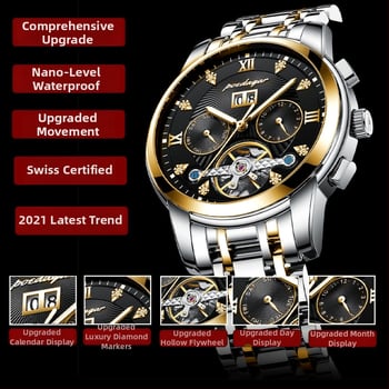 Vīriešu automātiskā mehāniskā pulksteņa ar 42 mm cipfera diametru, ūdensizturība līdz 50 m, Tourbillon, kalendārs un nerūsējošā tērauda siksna.