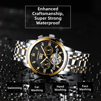 Vīriešu automātiskā mehāniskā pulksteņa ar 42 mm cipfera diametru, ūdensizturība līdz 50 m, Tourbillon, kalendārs un nerūsējošā tērauda siksna.