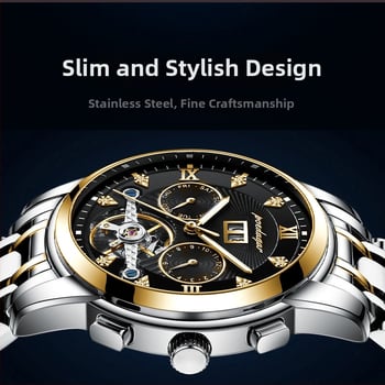 Vīriešu automātiskā mehāniskā pulksteņa ar 42 mm cipfera diametru, ūdensizturība līdz 50 m, Tourbillon, kalendārs un nerūsējošā tērauda siksna.