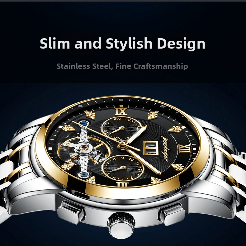 Мъжки автоматичен механичен часовник с диаметър на циферблата 42 мм, водоустойчив до 50 м, турбийон, календар и гривна от неръждаема стомана.