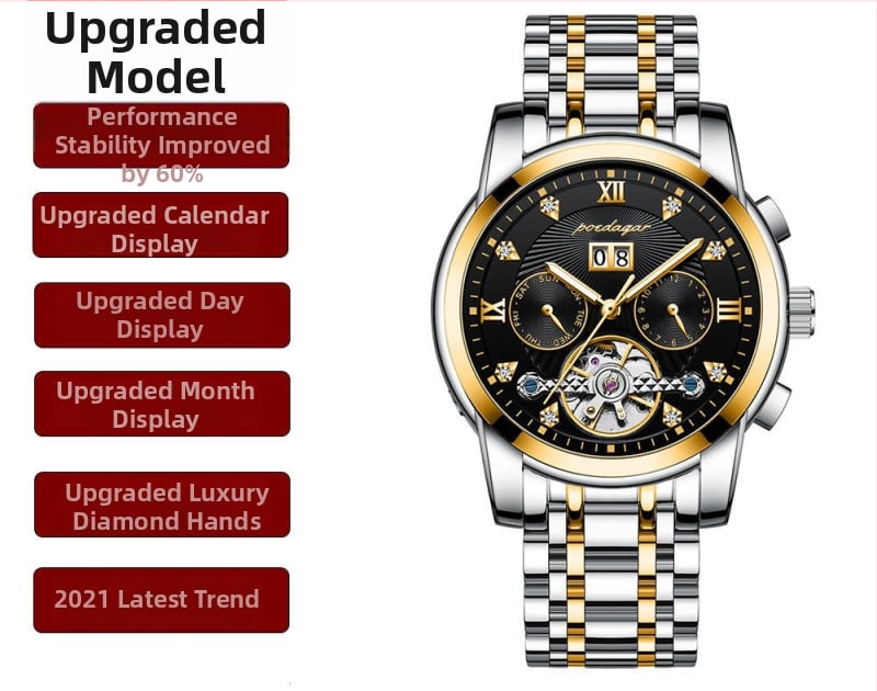 Vīriešu automātiskā mehāniskā pulksteņa ar 42 mm cipfera diametru, ūdensizturība līdz 50 m, Tourbillon, kalendārs un nerūsējošā tērauda siksna.