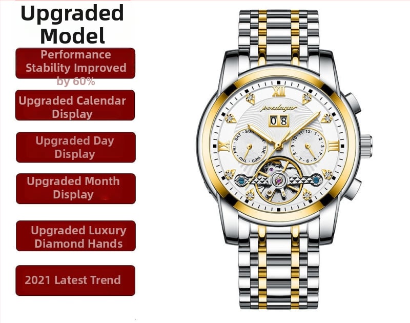 Vīriešu automātiskā mehāniskā pulksteņa ar 42 mm cipfera diametru, ūdensizturība līdz 50 m, Tourbillon, kalendārs un nerūsējošā tērauda siksna.