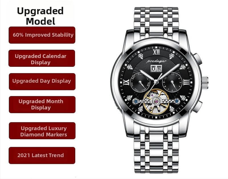 Vīriešu automātiskā mehāniskā pulksteņa ar 42 mm cipfera diametru, ūdensizturība līdz 50 m, Tourbillon, kalendārs un nerūsējošā tērauda siksna.