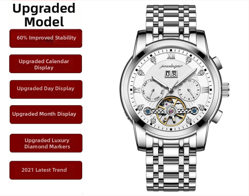 Vīriešu automātiskā mehāniskā pulksteņa ar 42 mm cipfera diametru, ūdensizturība līdz 50 m, Tourbillon, kalendārs un nerūsējošā tērauda siksna.