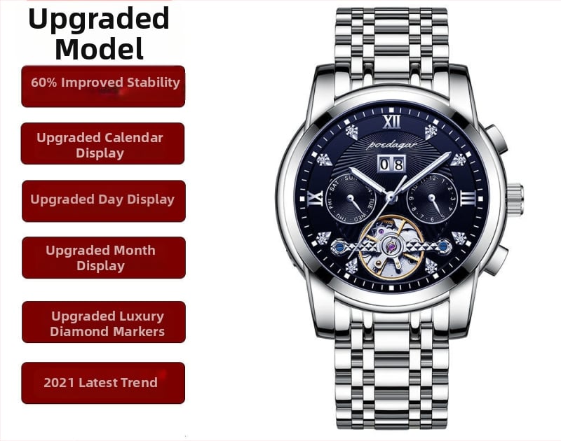 Vīriešu automātiskā mehāniskā pulksteņa ar 42 mm cipfera diametru, ūdensizturība līdz 50 m, Tourbillon, kalendārs un nerūsējošā tērauda siksna.