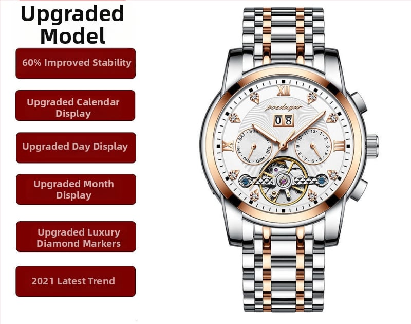 Vīriešu automātiskā mehāniskā pulksteņa ar 42 mm cipfera diametru, ūdensizturība līdz 50 m, Tourbillon, kalendārs un nerūsējošā tērauda siksna.