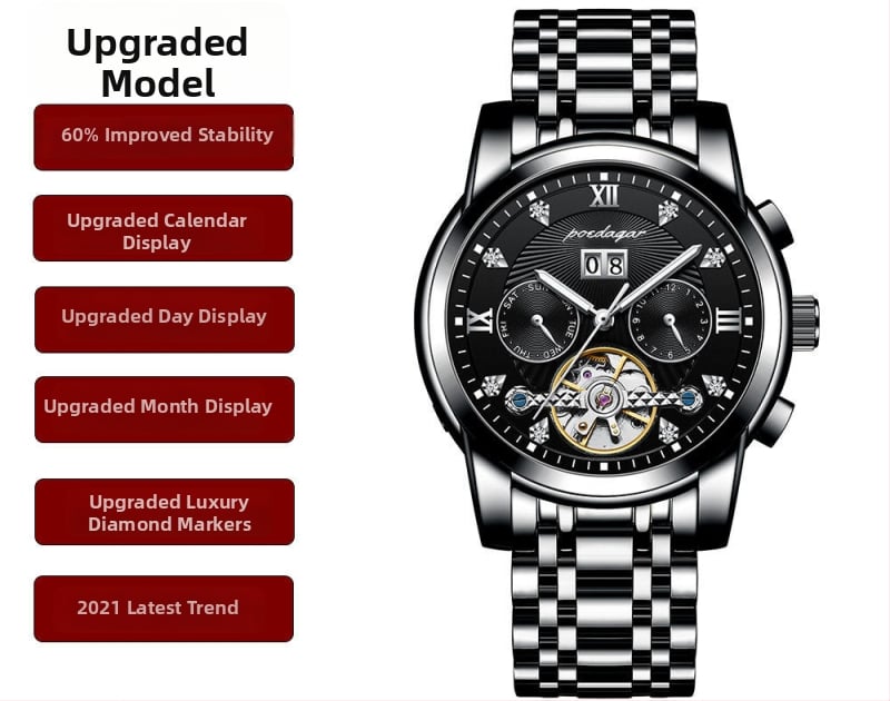 Vīriešu automātiskā mehāniskā pulksteņa ar 42 mm cipfera diametru, ūdensizturība līdz 50 m, Tourbillon, kalendārs un nerūsējošā tērauda siksna.