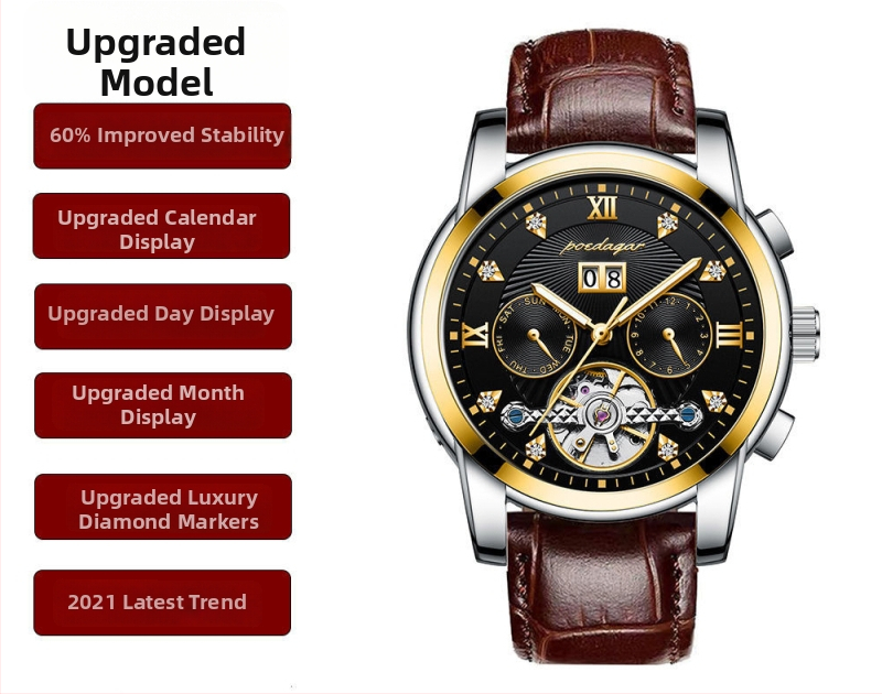 Vīriešu automātiskā mehāniskā pulksteņa ar 42 mm cipfera diametru, ūdensizturība līdz 50 m, Tourbillon, kalendārs un nerūsējošā tērauda siksna.