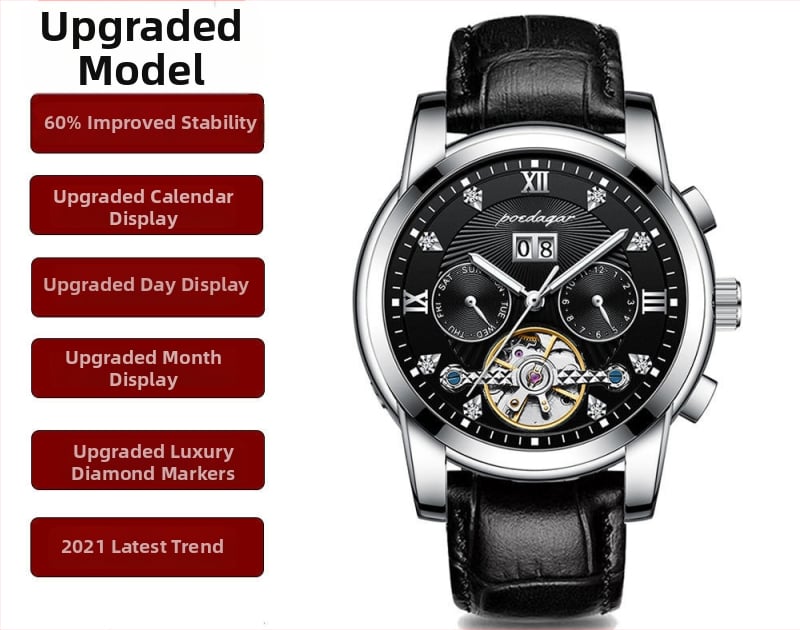 Vīriešu automātiskā mehāniskā pulksteņa ar 42 mm cipfera diametru, ūdensizturība līdz 50 m, Tourbillon, kalendārs un nerūsējošā tērauda siksna.