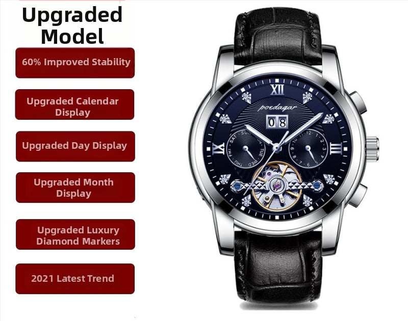 Vīriešu automātiskā mehāniskā pulksteņa ar 42 mm cipfera diametru, ūdensizturība līdz 50 m, Tourbillon, kalendārs un nerūsējošā tērauda siksna.