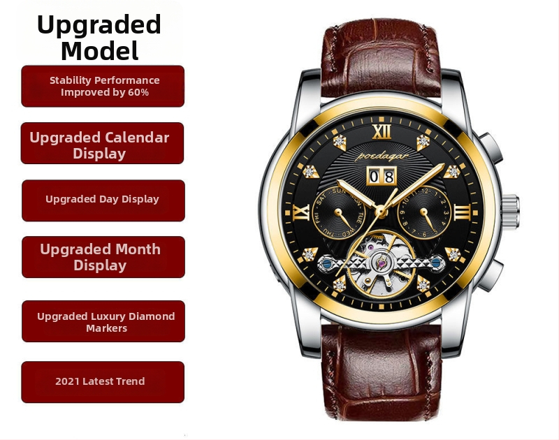 Vīriešu automātiskā mehāniskā pulksteņa ar 42 mm cipfera diametru, ūdensizturība līdz 50 m, Tourbillon, kalendārs un nerūsējošā tērauda siksna.