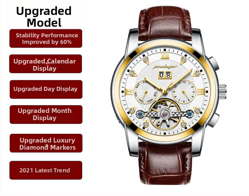 Vīriešu automātiskā mehāniskā pulksteņa ar 42 mm cipfera diametru, ūdensizturība līdz 50 m, Tourbillon, kalendārs un nerūsējošā tērauda siksna.