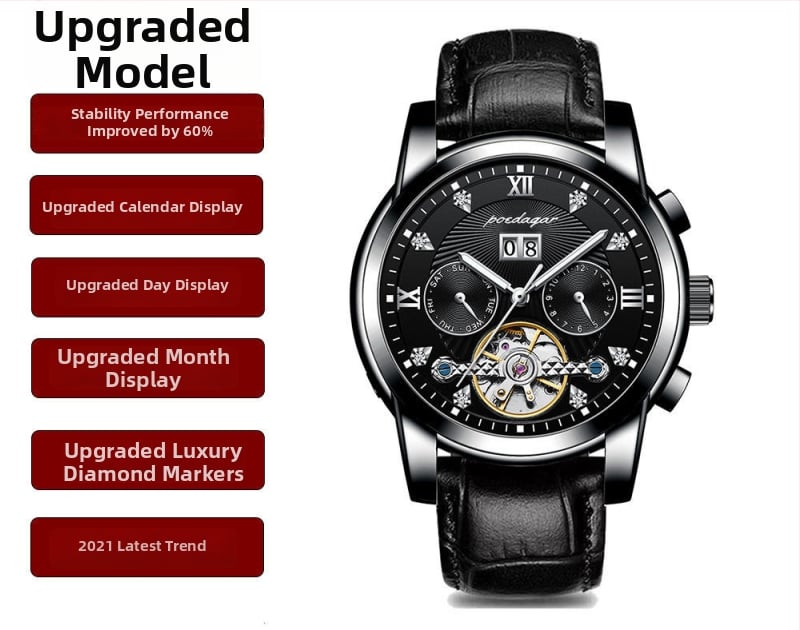 Vīriešu automātiskā mehāniskā pulksteņa ar 42 mm cipfera diametru, ūdensizturība līdz 50 m, Tourbillon, kalendārs un nerūsējošā tērauda siksna.