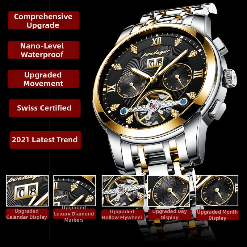 Мъжки автоматичен механичен часовник с диаметър на циферблата 42 мм, водоустойчив до 50 м, турбийон, календар и гривна от неръждаема стомана.