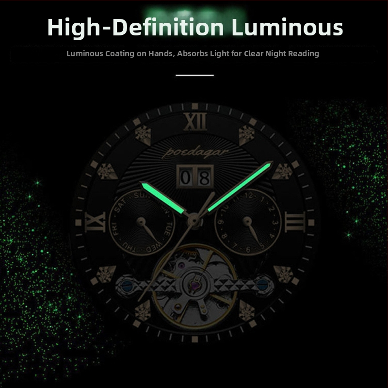 Мъжки автоматичен механичен часовник с диаметър на циферблата 42 мм, водоустойчив до 50 м, турбийон, календар и гривна от неръждаема стомана.