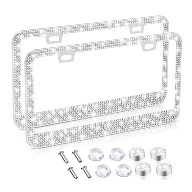 Рамка за регистрационен номер с кристали от неръждаема стомана, правоъгълна; модел: силиконова поставка за номер; съвместима с мотоциклети, автомобили, SUV, пикапи, камиони и ванове