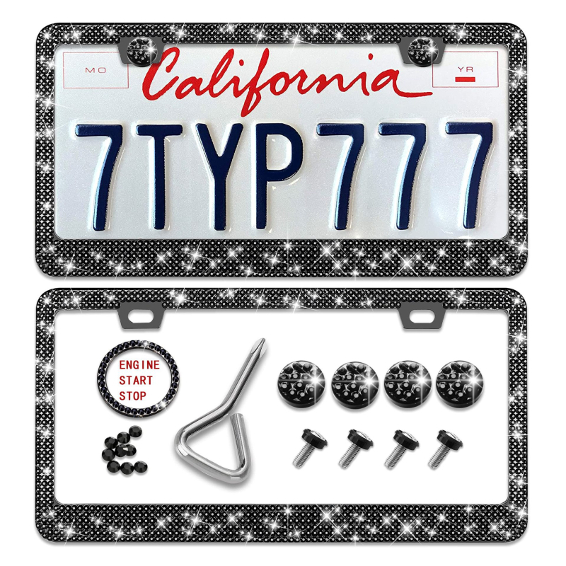 Рамка за регистрационен номер с кристали от неръждаема стомана, правоъгълна; модел: силиконова поставка за номер; съвместима с мотоциклети, автомобили, SUV, пикапи, камиони и ванове