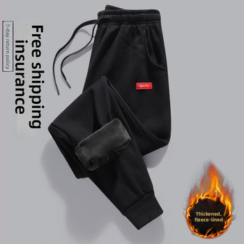 Vyrų kasdieninės kelnės su fleece įdėklu, Korėjos stiliaus haremo kelnės, laisvas kirpimas, tiesus kirpimas, žiemai (polyester, fleece, mid-waist, tether closure)