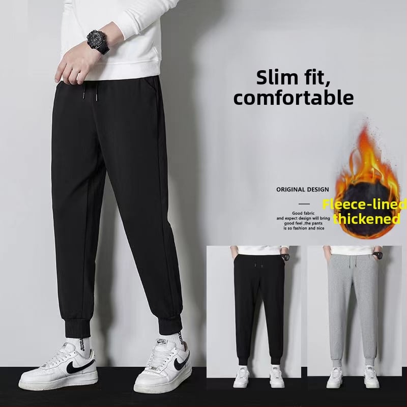 Vyrų kasdieninės kelnės su fleece įdėklu, Korėjos stiliaus haremo kelnės, laisvas kirpimas, tiesus kirpimas, žiemai (polyester, fleece, mid-waist, tether closure)