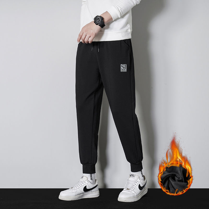 Vyrų kasdieninės kelnės su fleece įdėklu, Korėjos stiliaus haremo kelnės, laisvas kirpimas, tiesus kirpimas, žiemai (polyester, fleece, mid-waist, tether closure)