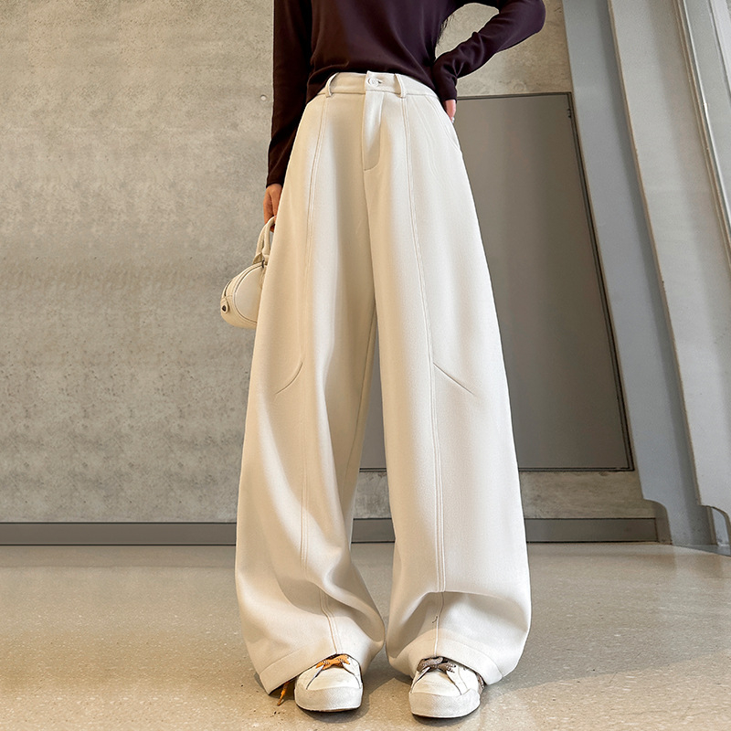 Vilnonės Scimitar moterų kelnės, rudens-žiemos 2025, aukštas liemuo, laisvas kirpimas, platus, ilgos iki grindų, medvilnė 70-80% + poliesteris <30%, dvigubas liemuo, tankus audinys, literatūrinis retro stilius