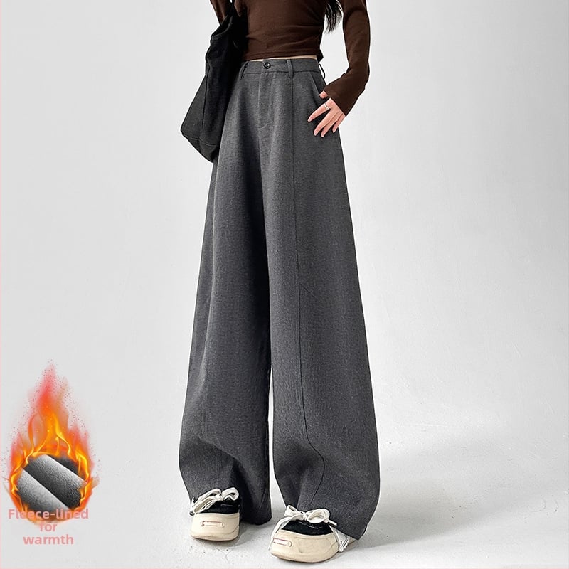 Vilnonės Scimitar moterų kelnės, rudens-žiemos 2025, aukštas liemuo, laisvas kirpimas, platus, ilgos iki grindų, medvilnė 70-80% + poliesteris <30%, dvigubas liemuo, tankus audinys, literatūrinis retro stilius