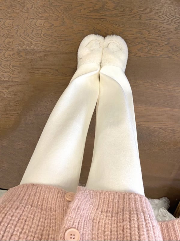 Moterų aukšto liemens megztos plačios tiesios kelnės, storas audinys, ruduo 2024