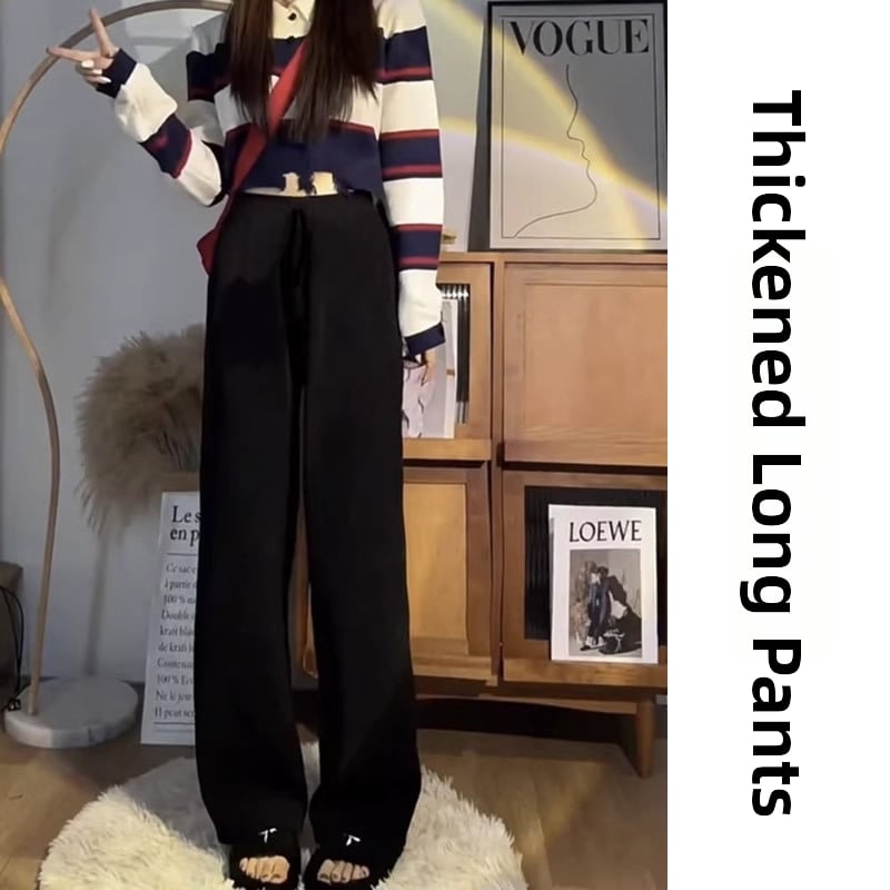 Moterų aukšto liemens megztos plačios tiesios kelnės, storas audinys, ruduo 2024