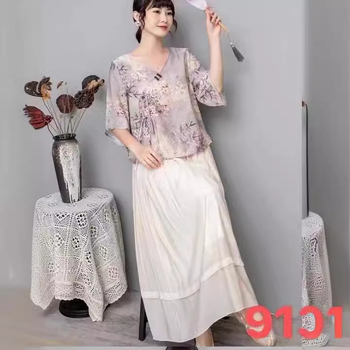 Hanfu stiliaus spausdintas ramio viršus, dviejų dalių komplektas, vasara 2025