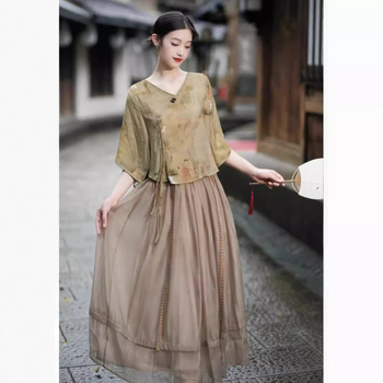 Hanfu stiliaus spausdintas ramio viršus, dviejų dalių komplektas, vasara 2025