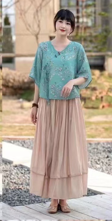 Hanfu stiliaus spausdintas ramio viršus, dviejų dalių komplektas, vasara 2025