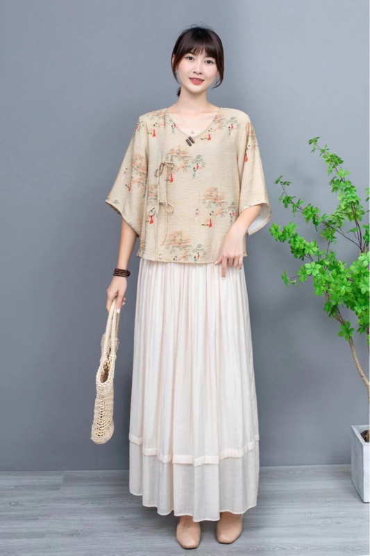 Hanfu stiliaus spausdintas ramio viršus, dviejų dalių komplektas, vasara 2025