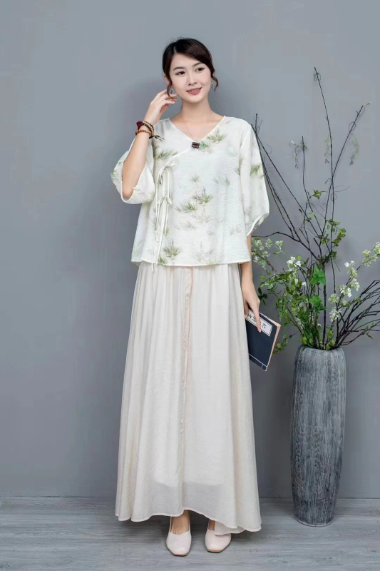 Hanfu stiliaus spausdintas ramio viršus, dviejų dalių komplektas, vasara 2025