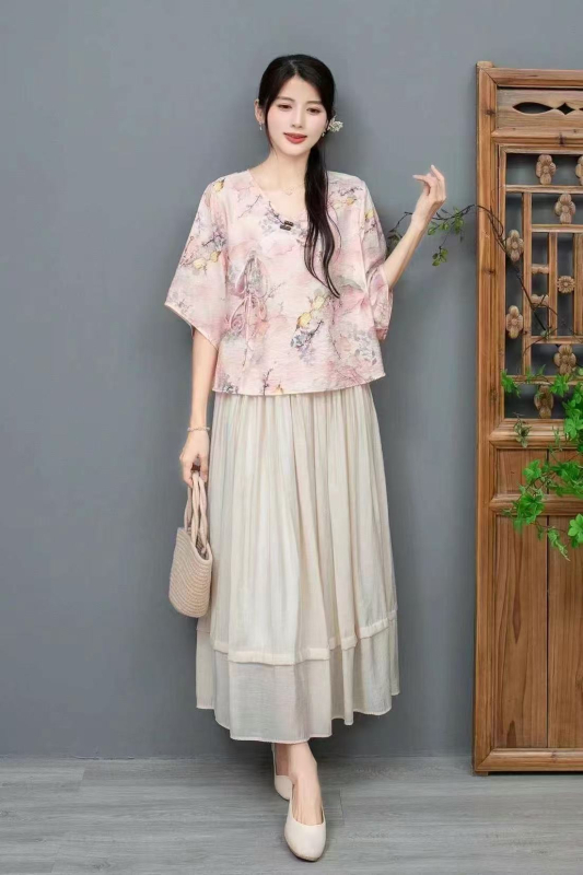 Hanfu stiliaus spausdintas ramio viršus, dviejų dalių komplektas, vasara 2025