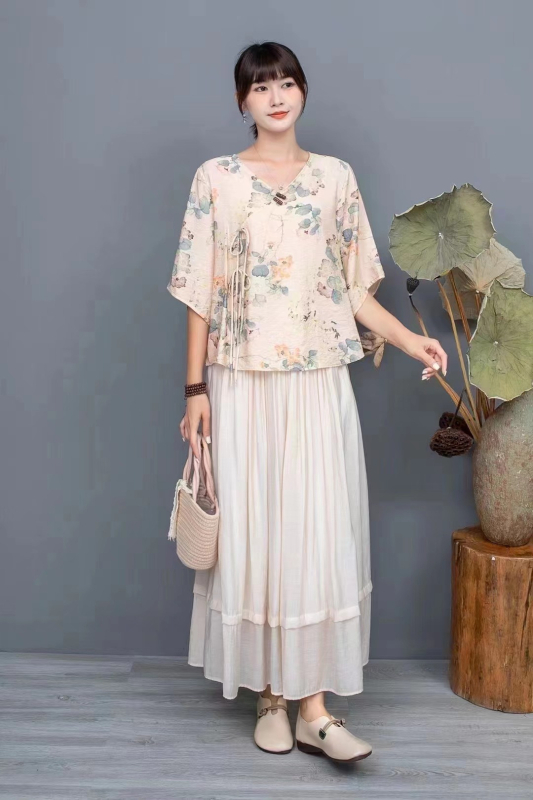 Hanfu stiliaus spausdintas ramio viršus, dviejų dalių komplektas, vasara 2025