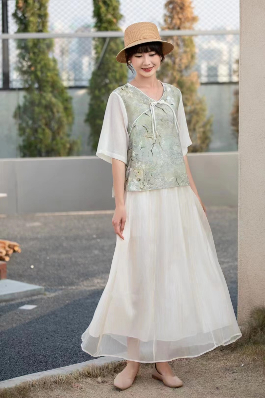 Hanfu stiliaus spausdintas ramio viršus, dviejų dalių komplektas, vasara 2025