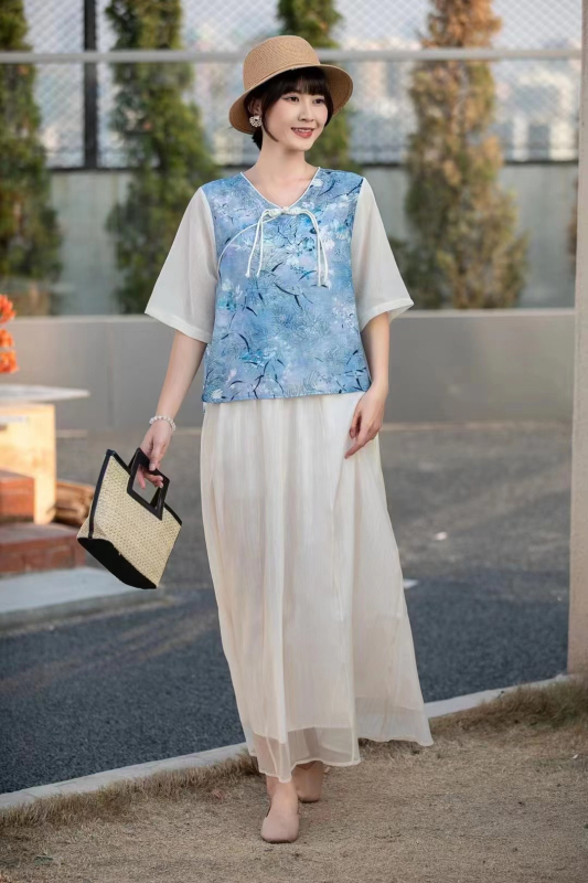 Hanfu stiliaus spausdintas ramio viršus, dviejų dalių komplektas, vasara 2025