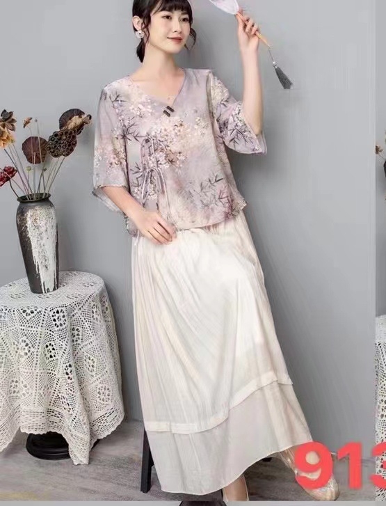 Hanfu stiliaus spausdintas ramio viršus, dviejų dalių komplektas, vasara 2025